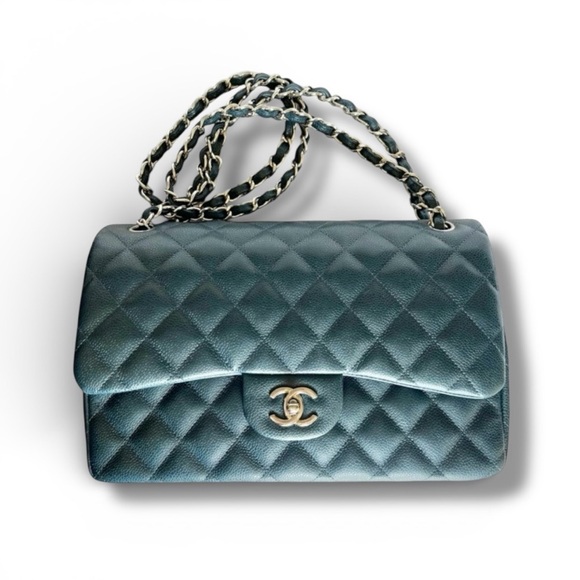 💕CHANEL Large Classic Double Flap CAVIAR Leather • DENIM Color • Silver-Tone HW - Picture 15 of 15